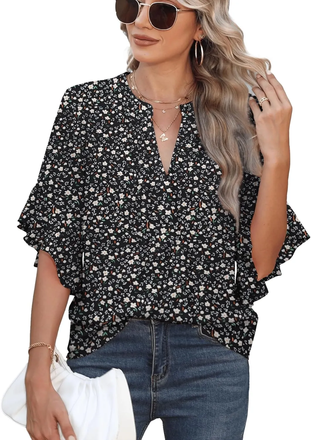 Chiffon Blouses for Women Dressy Casual 3/4 Ruffle Sleeve Summer Business Flowy Work Tops V Neck Elegant Shirt