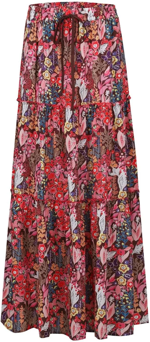 Chiffon Skirts for Women Smocked Business Floral Festival Pleated Beach Trendy Vacation Swing Country Flutter Skirts