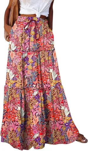 Chiffon Skirts for Women Smocked Business Floral Festival Pleated Beach Trendy Vacation Swing Country Flutter Skirts