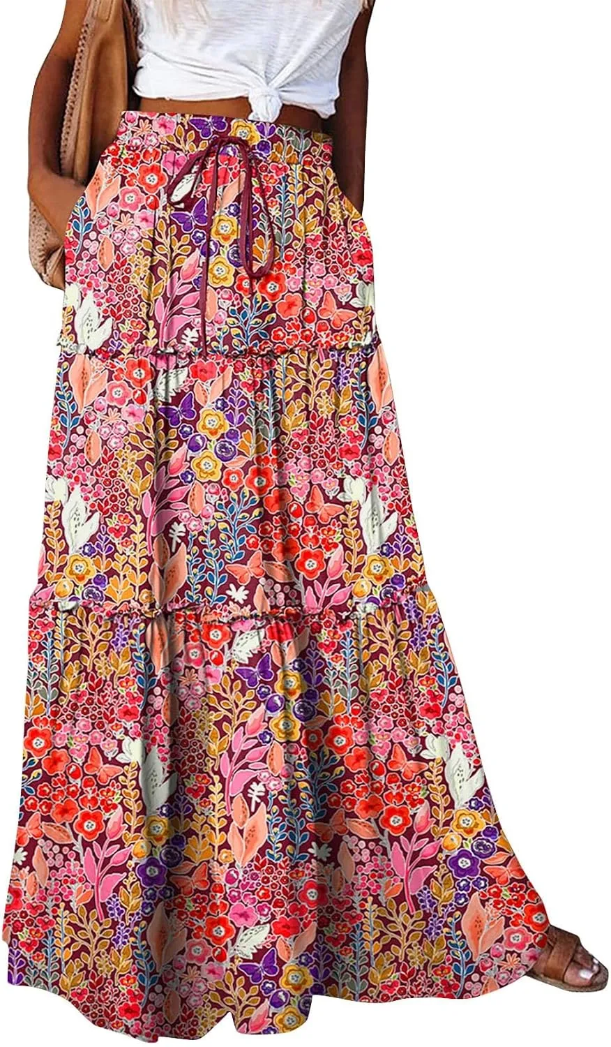 Chiffon Skirts for Women Smocked Business Floral Festival Pleated Beach Trendy Vacation Swing Country Flutter Skirts