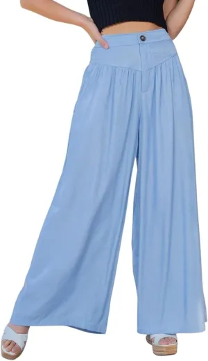 chouyatou Women's Smocked High Waisted Wide Leg Pants Jeans Waist Denim Palazzo Pants