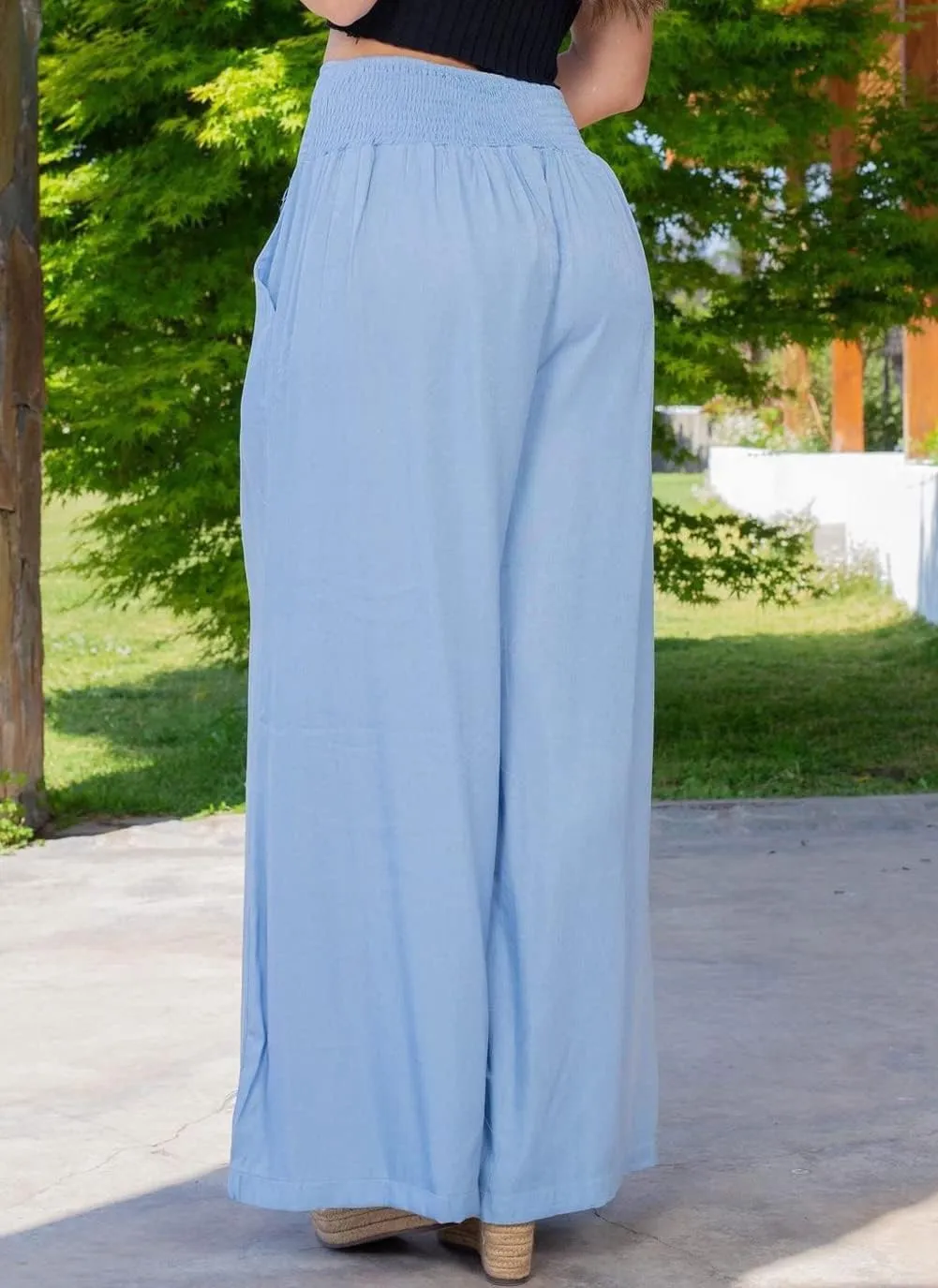 chouyatou Women's Smocked High Waisted Wide Leg Pants Jeans Waist Denim Palazzo Pants