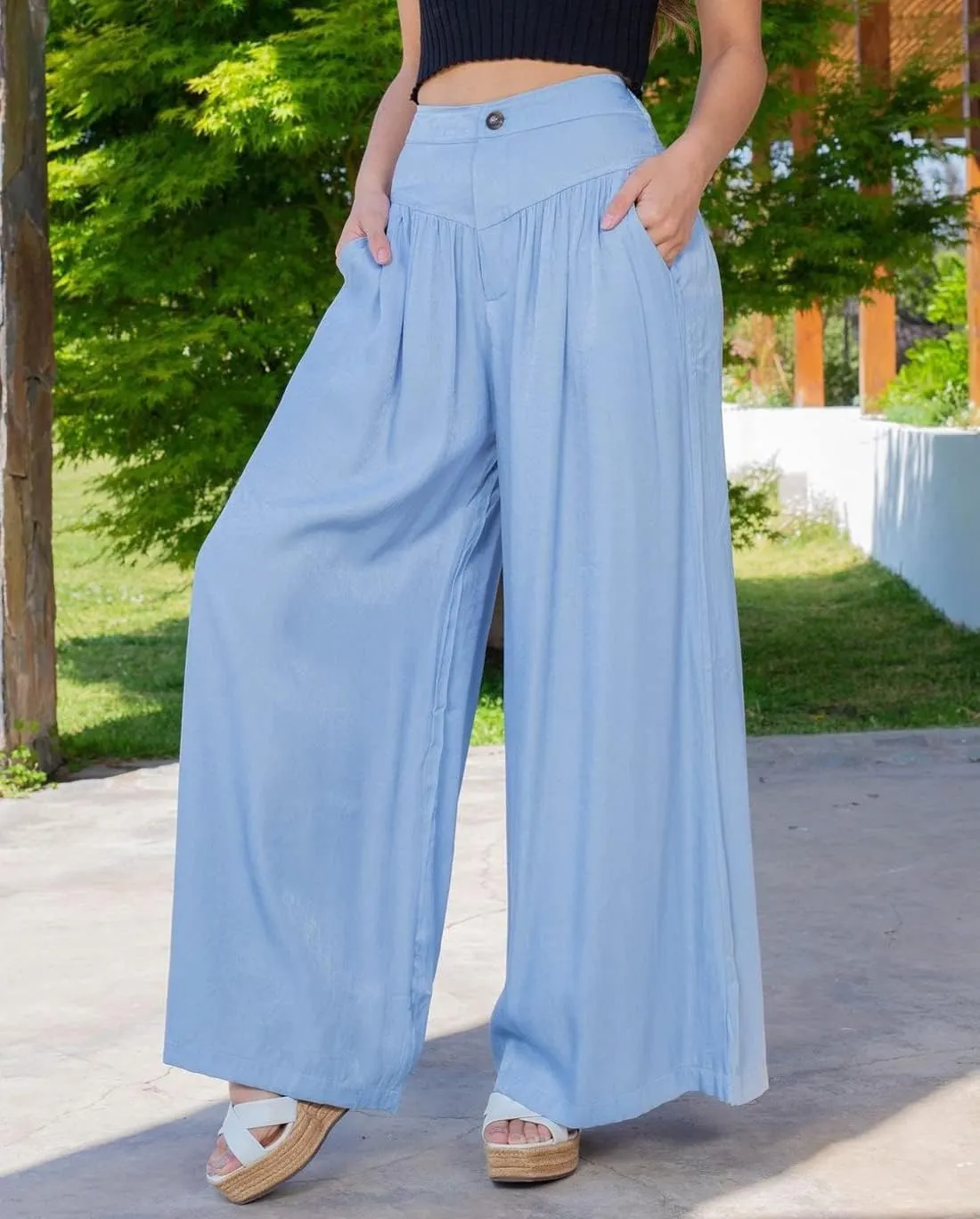 chouyatou Women's Smocked High Waisted Wide Leg Pants Jeans Waist Denim Palazzo Pants