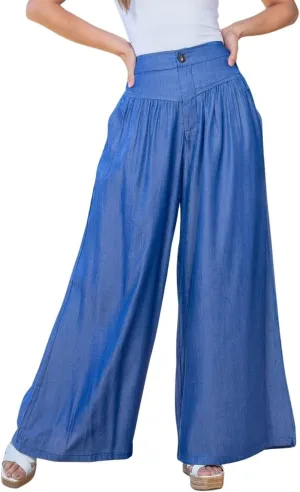 chouyatou Women's Smocked High Waisted Wide Leg Pants Jeans Waist Denim Palazzo Pants
