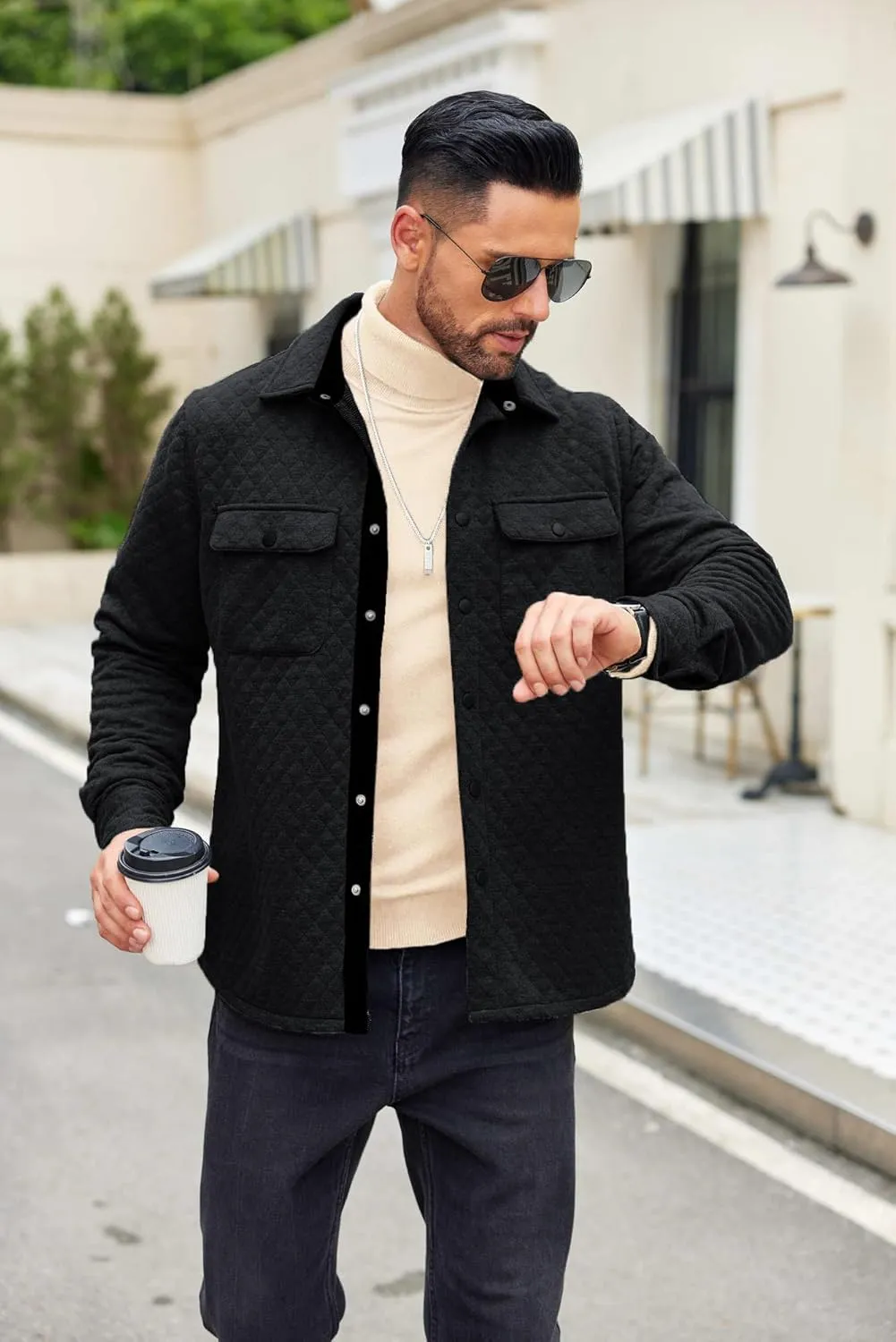 COOFANDY Men's Casual Shirt Jacket Lightweight Shacket Jacket Quilted Button Down Jackets