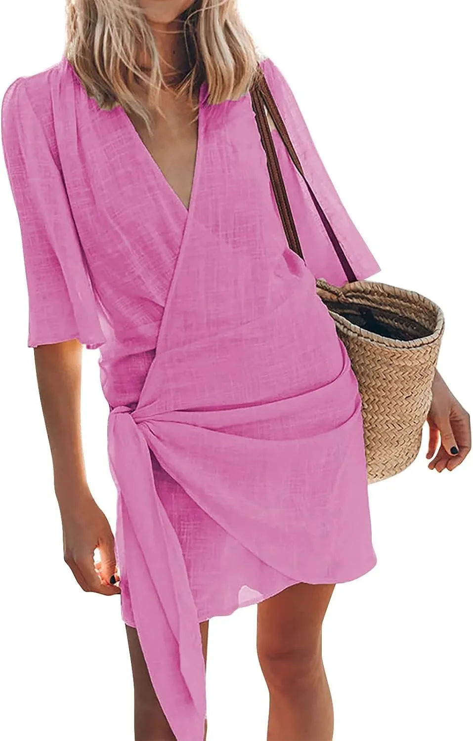 Cotton and Linen V-Neck Midi Dress Short Sleeve Wrap Tie Mini Dress Casual Elegant Beach Work Vacation Travel Dresses