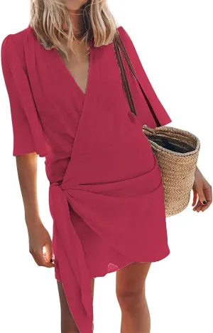Cotton and Linen V-Neck Midi Dress Short Sleeve Wrap Tie Mini Dress Casual Elegant Beach Work Vacation Travel Dresses