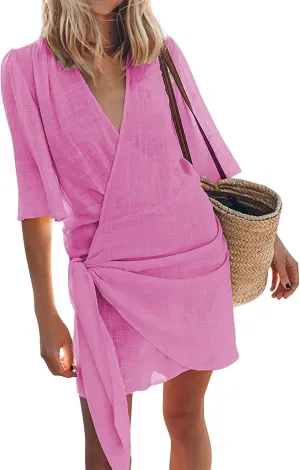 Cotton and Linen V-Neck Midi Dress Short Sleeve Wrap Tie Mini Dress Casual Elegant Beach Work Vacation Travel Dresses