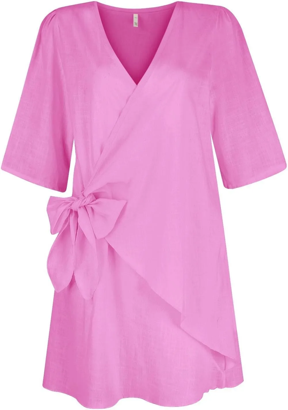 Cotton and Linen V-Neck Midi Dress Short Sleeve Wrap Tie Mini Dress Casual Elegant Beach Work Vacation Travel Dresses