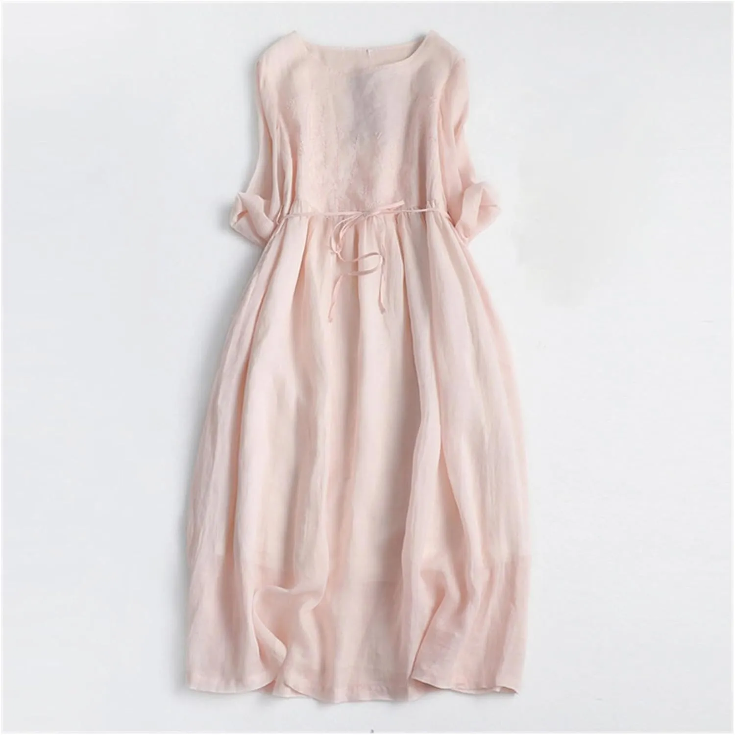 Cotton Linen Long Sleeve Loose Linen Dress for Women Casual Drawstring Waist Summer Vacation Relax Beachwear Resort