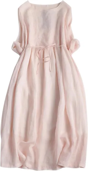 Cotton Linen Long Sleeve Loose Linen Dress for Women Casual Drawstring Waist Summer Vacation Relax Beachwear Resort