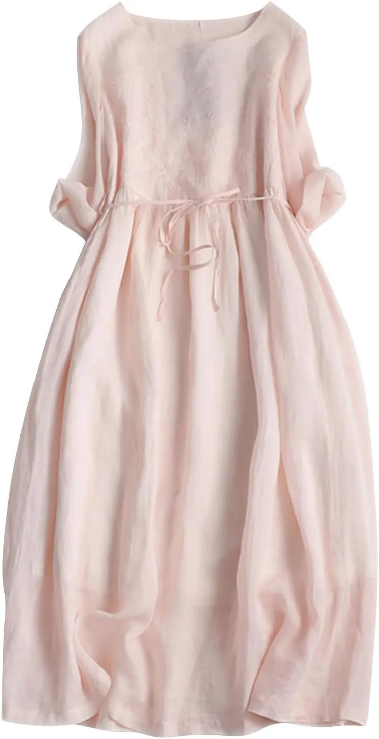 Cotton Linen Long Sleeve Loose Linen Dress for Women Casual Drawstring Waist Summer Vacation Relax Beachwear Resort
