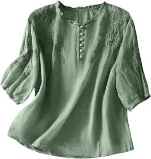 Cotton Linen Shirt for Women 2025 Summer Crewneck Button Embroidered Short Sleeve Boho Blouse Dressy Casual Vacation Top