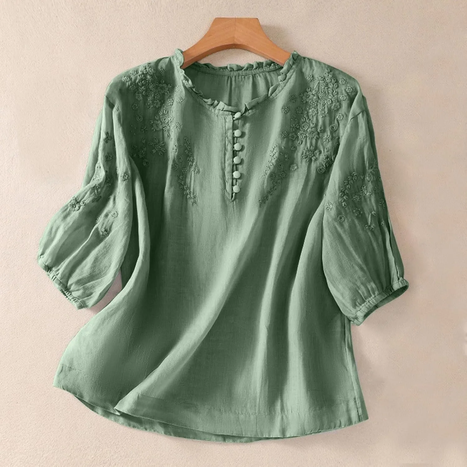 Cotton Linen Shirt for Women 2025 Summer Crewneck Button Embroidered Short Sleeve Boho Blouse Dressy Casual Vacation Top