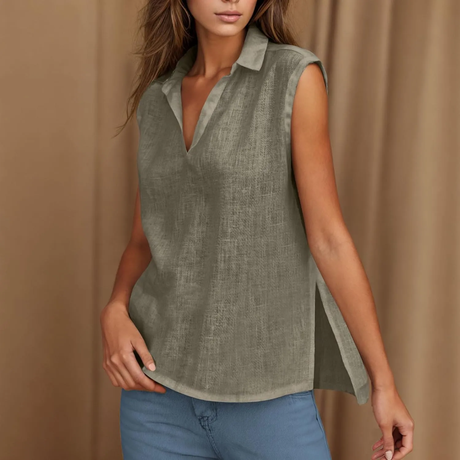 Cotton Linen Shirts for Women Sleeveless Collared Tank Tops Oversized Blouses Work Shirts V-Neck Casual Summer Tshirt