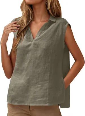 Cotton Linen Shirts for Women Sleeveless Collared Tank Tops Oversized Blouses Work Shirts V-Neck Casual Summer Tshirt