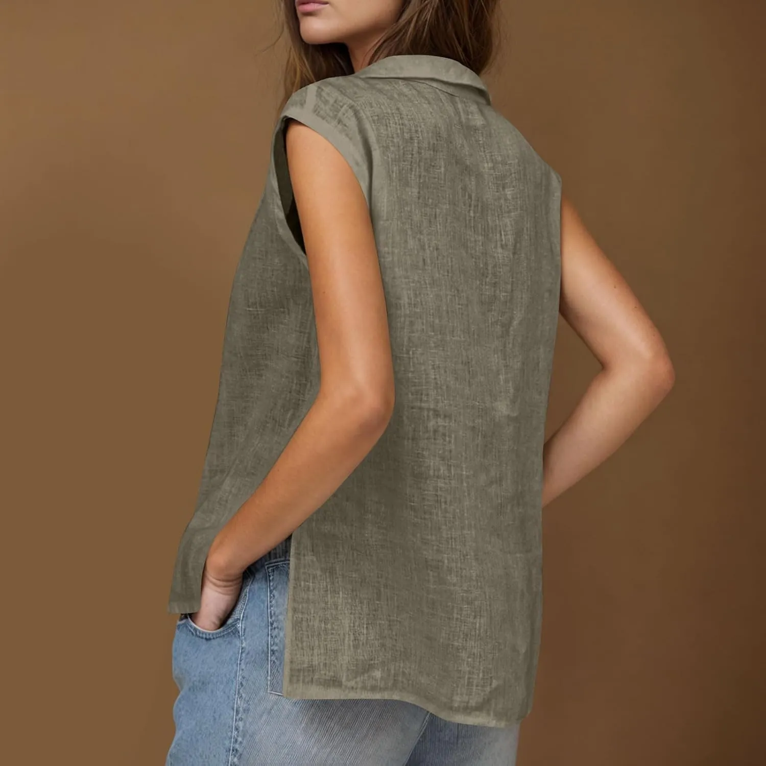 Cotton Linen Shirts for Women Sleeveless Collared Tank Tops Oversized Blouses Work Shirts V-Neck Casual Summer Tshirt