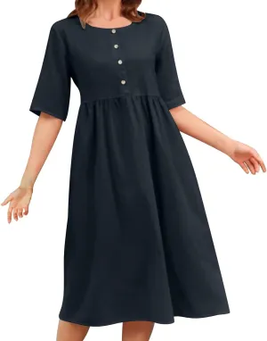 Cotton Linen Summer Dress for Women Button Down Round Neck Short Sleeve Dressy Vintage Work Office Dress Ooutfits