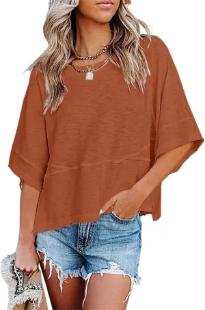 Danedvi Womens Oversized T Shirts Summer Casual Crewneck 3/4 Sleeve Loose Fit Cute Flowy Tops