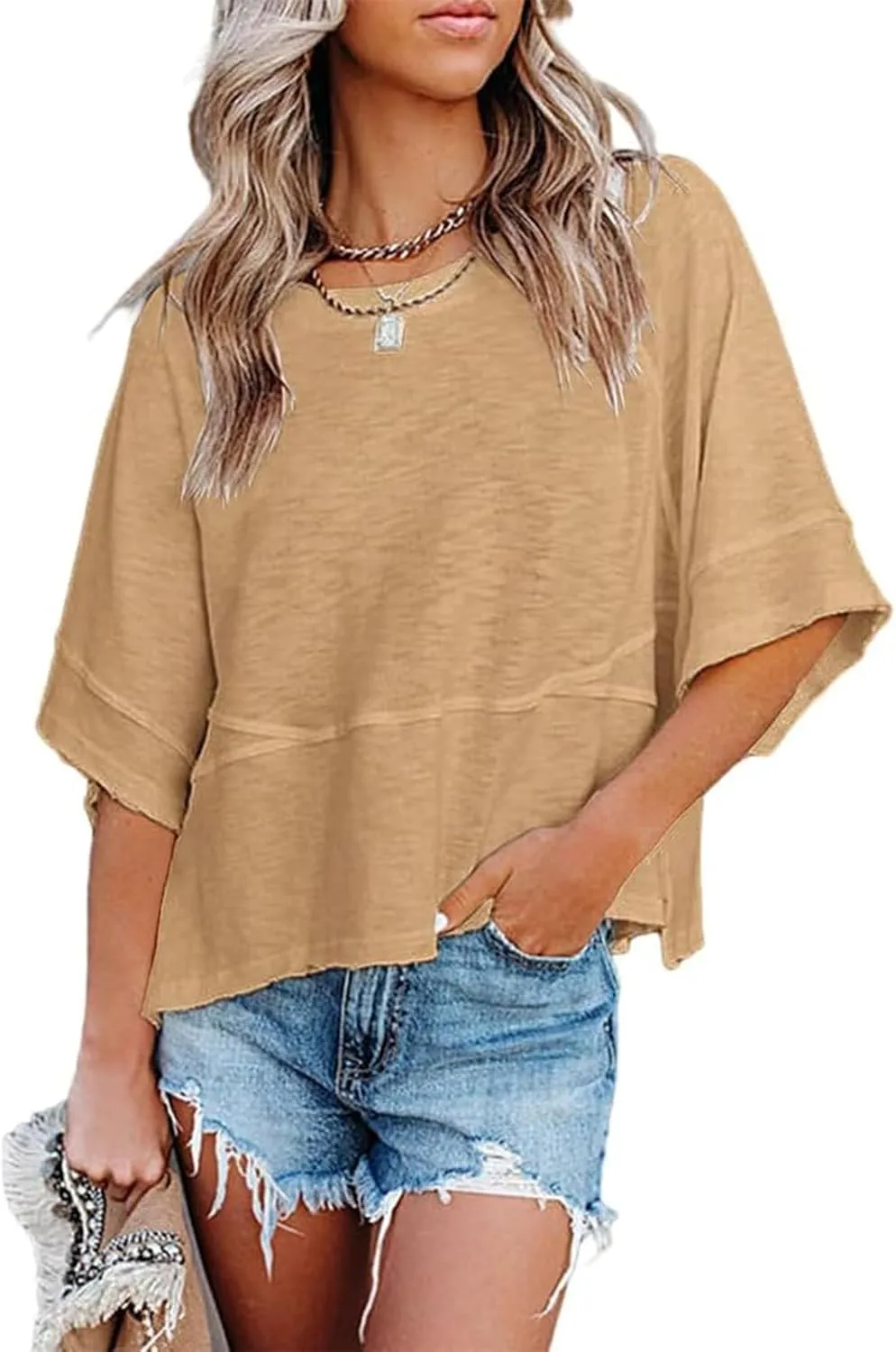 Danedvi Womens Oversized T Shirts Summer Casual Crewneck 3/4 Sleeve Loose Fit Cute Flowy Tops
