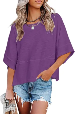 Danedvi Womens Oversized T Shirts Summer Casual Crewneck 3/4 Sleeve Loose Fit Cute Flowy Tops