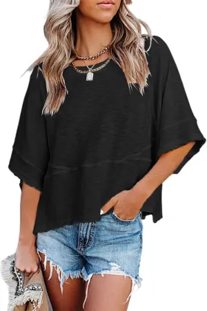 Danedvi Womens Oversized T Shirts Summer Casual Crewneck 3/4 Sleeve Loose Fit Cute Flowy Tops