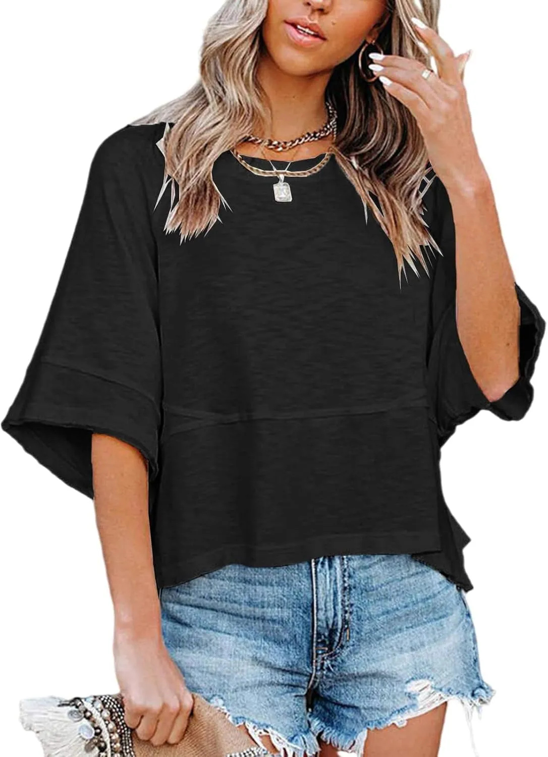 Danedvi Womens Oversized T Shirts Summer Casual Crewneck 3/4 Sleeve Loose Fit Cute Flowy Tops