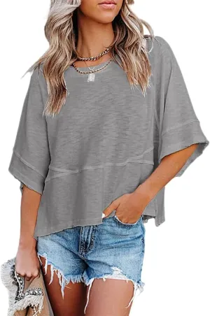 Danedvi Womens Oversized T Shirts Summer Casual Crewneck 3/4 Sleeve Loose Fit Cute Flowy Tops