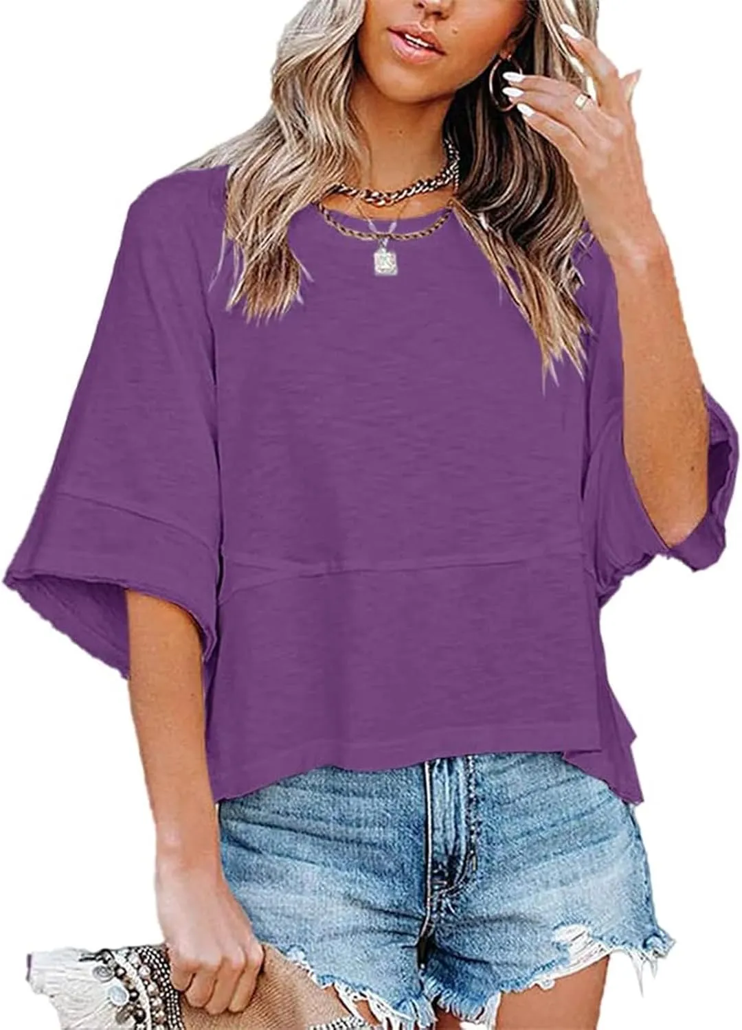 Danedvi Womens Oversized T Shirts Summer Casual Crewneck 3/4 Sleeve Loose Fit Cute Flowy Tops