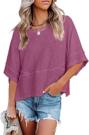 Danedvi Womens Oversized T Shirts Summer Casual Crewneck 3/4 Sleeve Loose Fit Cute Flowy Tops