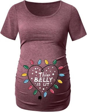 DEBELLY Maternity Shirts Short Sleeve Tops Black Shirts Footprints Pregnancy Ruched Sides Casual Shirt