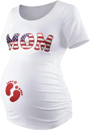 DEBELLY Maternity Shirts Short Sleeve Tops Black Shirts Footprints Pregnancy Ruched Sides Casual Shirt