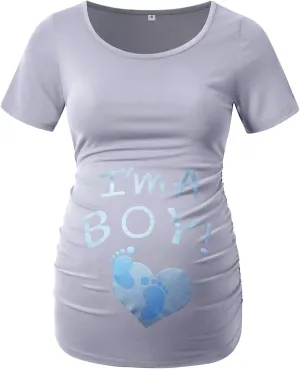 DEBELLY Maternity Shirts Short Sleeve Tops Black Shirts Footprints Pregnancy Ruched Sides Casual Shirt