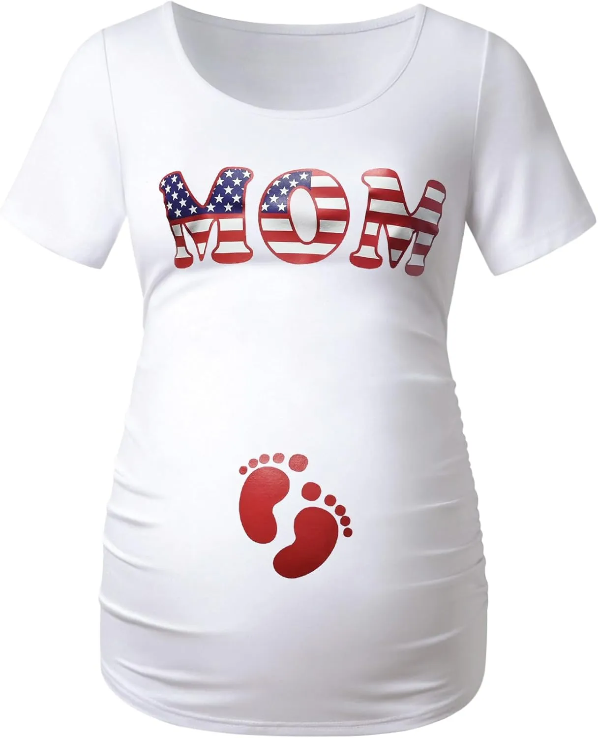 DEBELLY Maternity Shirts Short Sleeve Tops Black Shirts Footprints Pregnancy Ruched Sides Casual Shirt