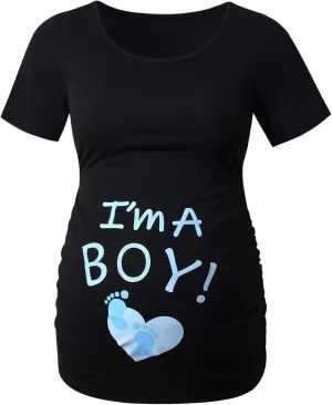DEBELLY Maternity Shirts Short Sleeve Tops Black Shirts Footprints Pregnancy Ruched Sides Casual Shirt