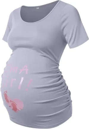 DEBELLY Maternity Shirts Short Sleeve Tops Black Shirts Footprints Pregnancy Ruched Sides Casual Shirt