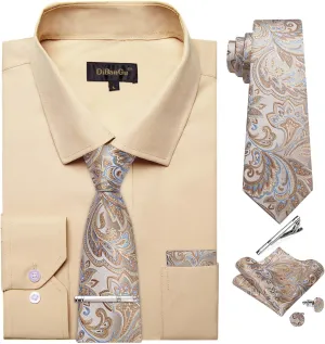 DiBanGu Mens Long Sleeve Dress Shirt and Tie Set Casual Botton Down Shirts for Men Solid Business Shirt with Matching Tie