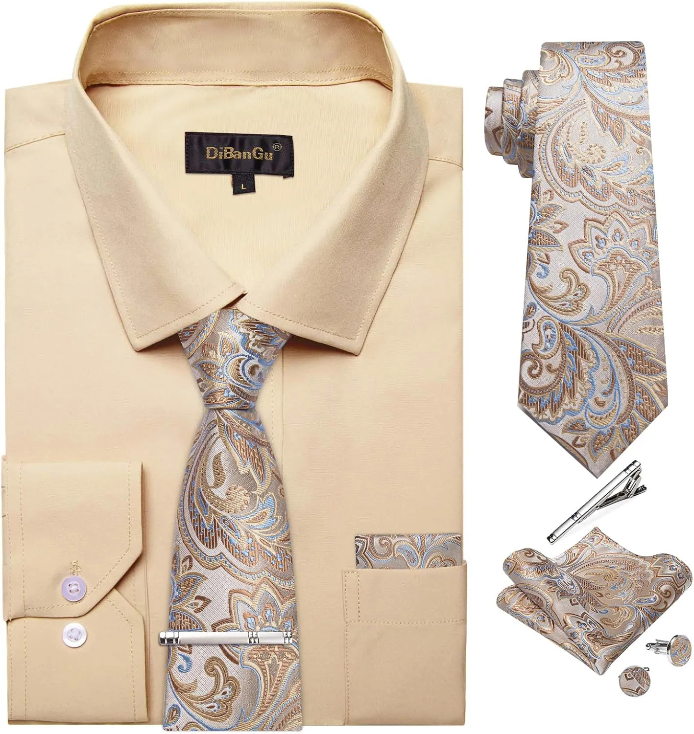 DiBanGu Mens Long Sleeve Dress Shirt and Tie Set Casual Botton Down Shirts for Men Solid Business Shirt with Matching Tie