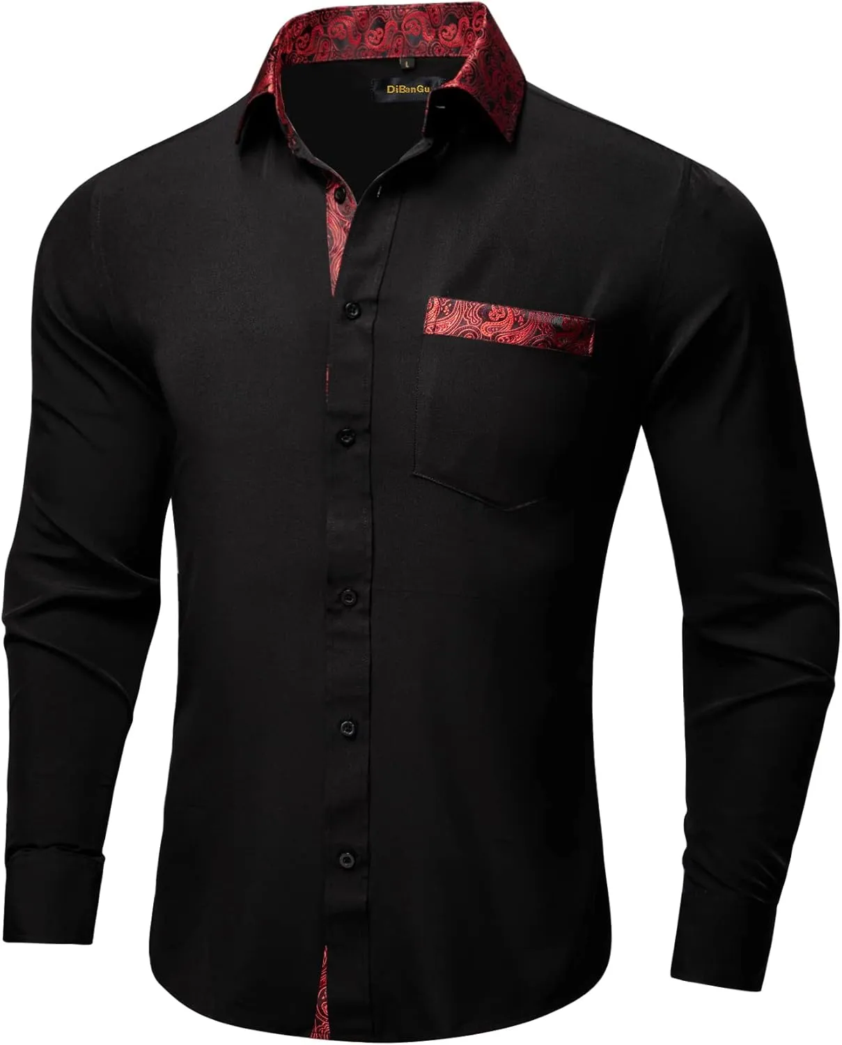 DiBanGu Men's Paisley Dress Shirts Long Sleeve Button Down Inner Contrast Casual Business Shirt with Collar Pin