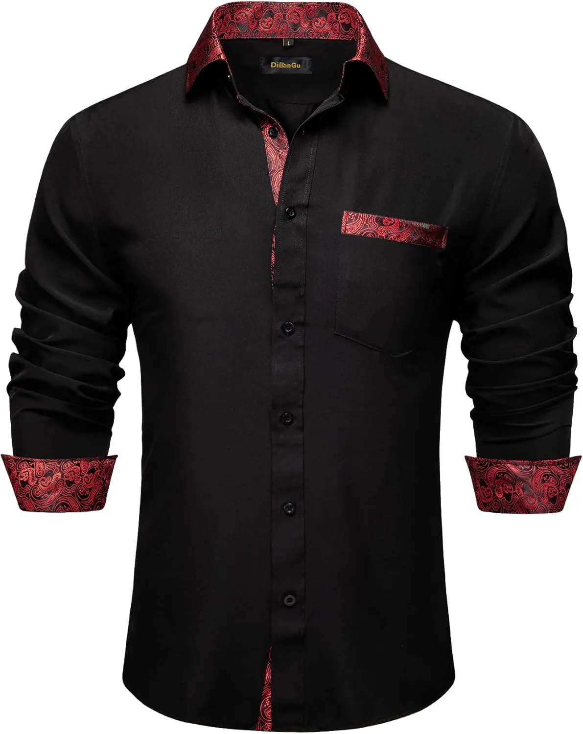 DiBanGu Men's Paisley Dress Shirts Long Sleeve Button Down Inner Contrast Casual Business Shirt with Collar Pin