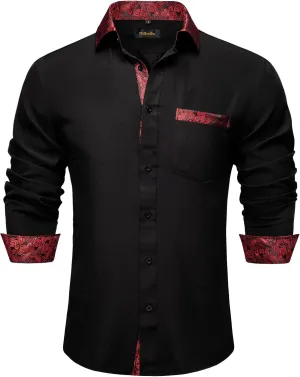 DiBanGu Men's Paisley Dress Shirts Long Sleeve Button Down Inner Contrast Casual Business Shirt with Collar Pin