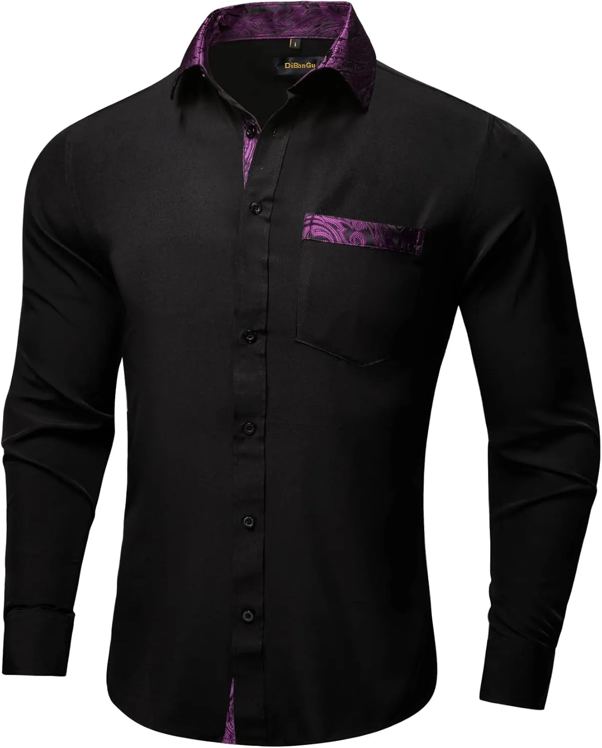 DiBanGu Men's Paisley Dress Shirts Long Sleeve Button Down Inner Contrast Casual Business Shirt with Collar Pin