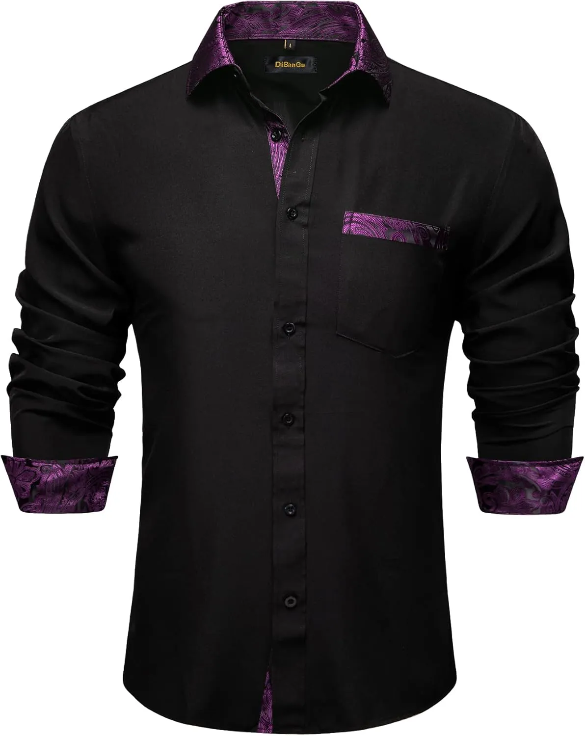 DiBanGu Men's Paisley Dress Shirts Long Sleeve Button Down Inner Contrast Casual Business Shirt with Collar Pin
