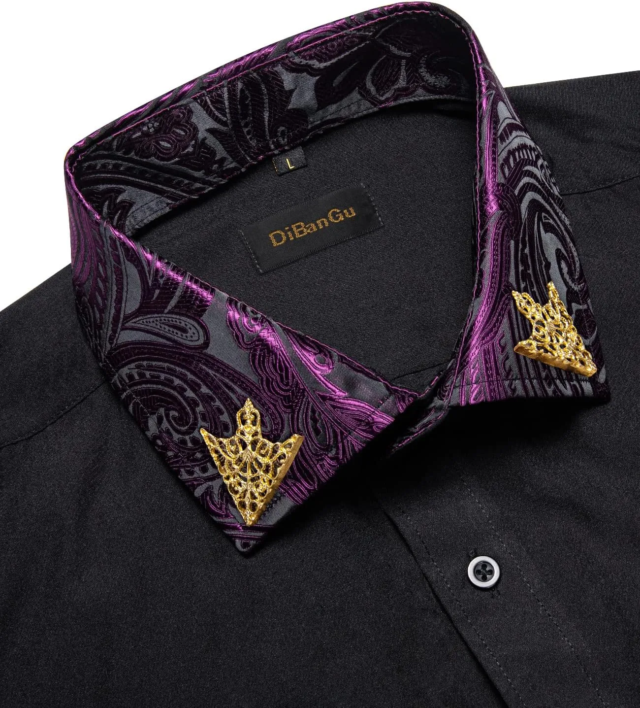 DiBanGu Men's Paisley Dress Shirts Long Sleeve Button Down Inner Contrast Casual Business Shirt with Collar Pin
