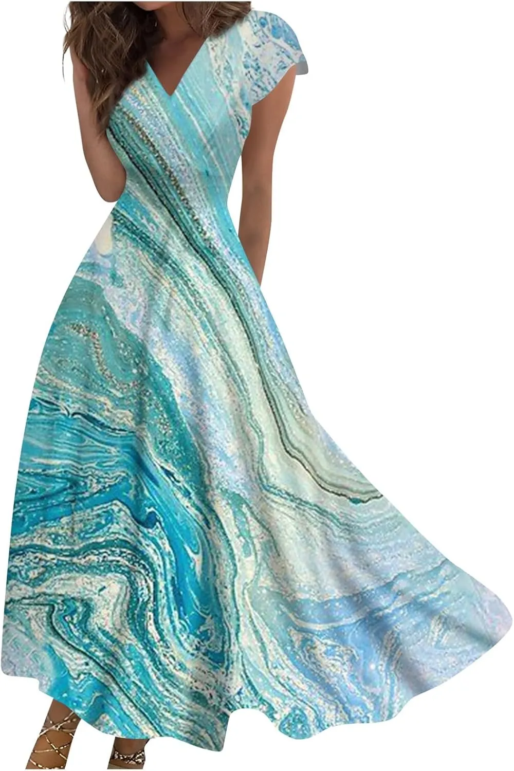 Dresses for Women 2024 Elegant Flowy Sundresses Wrap V Neck Floral Print Beach Dress Cap Sleeve Comfy Long Dresses