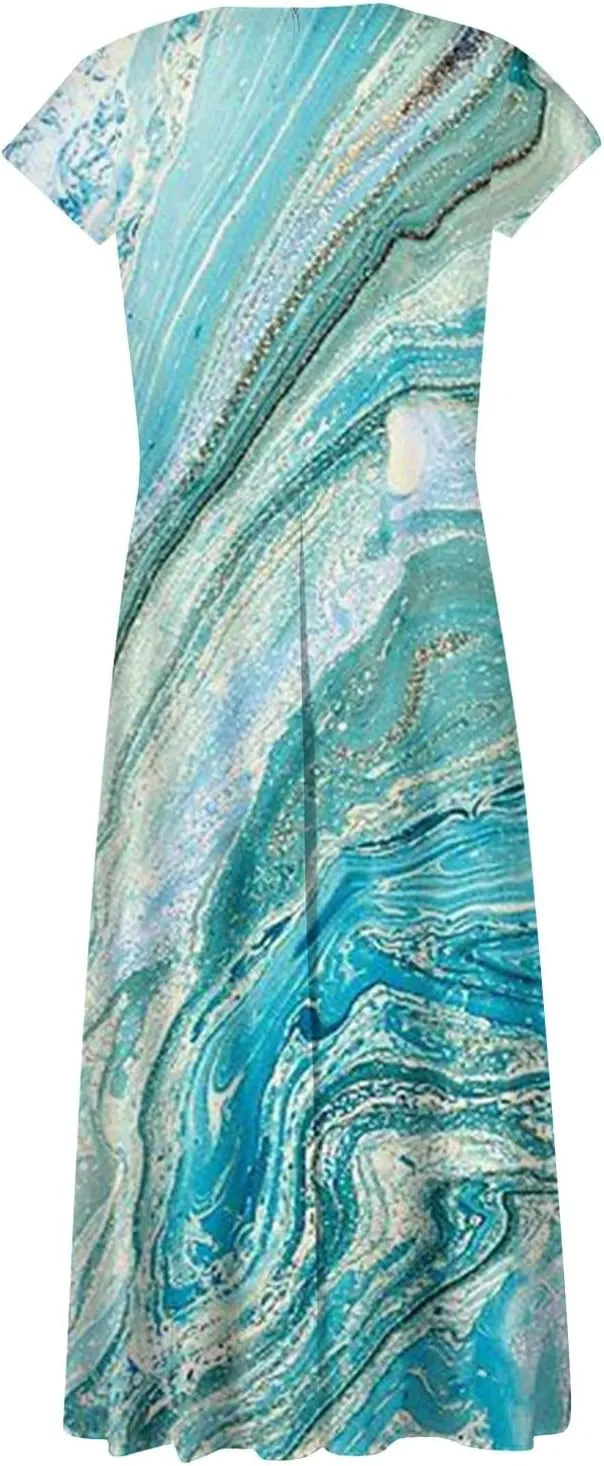 Dresses for Women 2024 Elegant Flowy Sundresses Wrap V Neck Floral Print Beach Dress Cap Sleeve Comfy Long Dresses