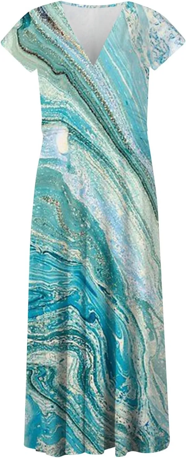 Dresses for Women 2024 Elegant Flowy Sundresses Wrap V Neck Floral Print Beach Dress Cap Sleeve Comfy Long Dresses