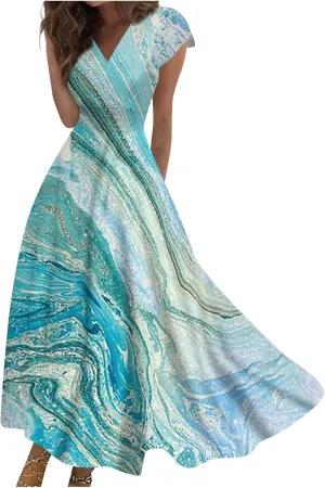 Dresses for Women 2024 Elegant Flowy Sundresses Wrap V Neck Floral Print Beach Dress Cap Sleeve Comfy Long Dresses