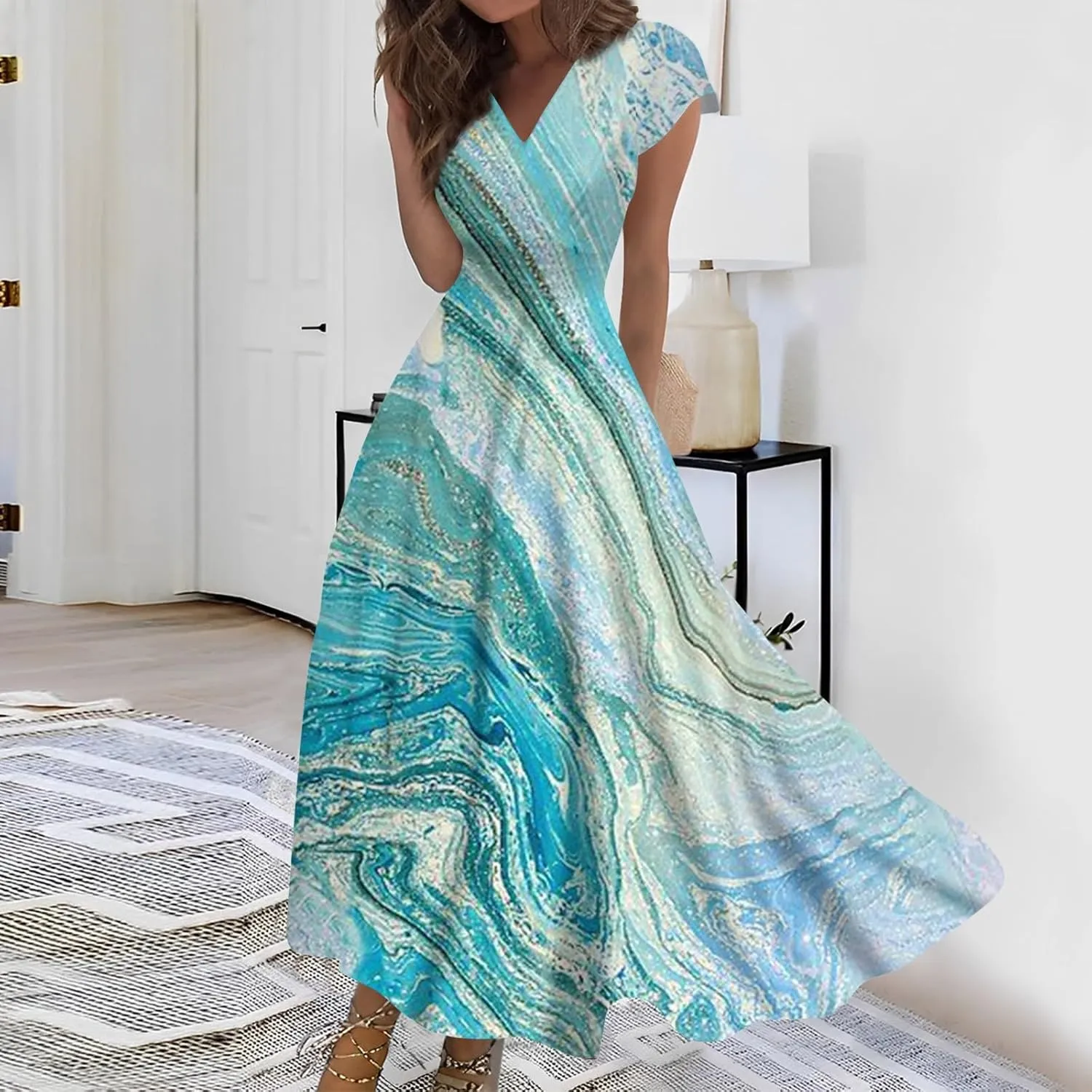 Dresses for Women 2024 Elegant Flowy Sundresses Wrap V Neck Floral Print Beach Dress Cap Sleeve Comfy Long Dresses