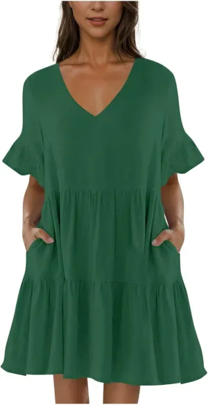 Dresses for Women Loose Fitted V Neck Short Ruffle Sleeve A Line Tiered Sundress Flowy Casual Trendy Mini Beach Dress